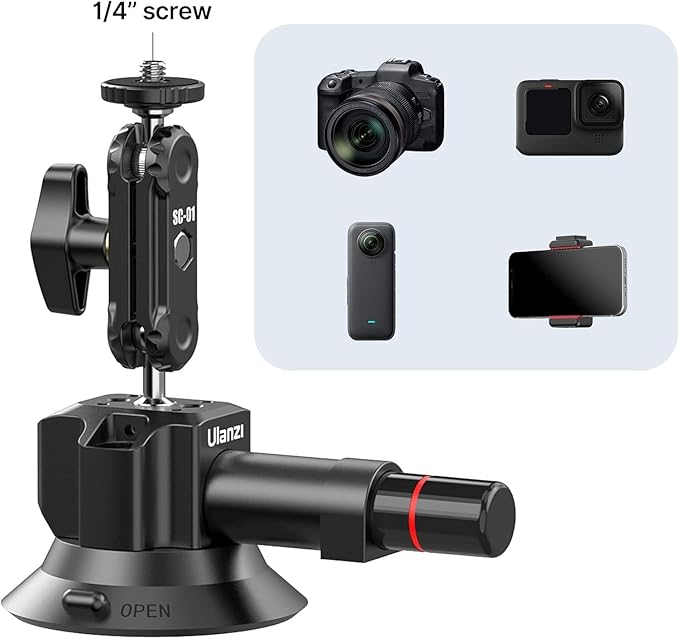 UURig SC-01 Suction Mount 3" for Vlogging Action Camera Car w Smartphone Clamp Compatible with DJI OSMO Pocket 3/OSMO 360/Insta 360 x5/Xtra/iPhone 17 16 15 14Pro Max, 1/4" Magic Arm Windshield Window