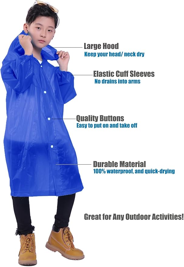 Kids Rain Jacket, 2 Pack Rain Ponchos for Kids - Reusable Raincoats for Boys and Girls Waterproof Outdoor Rain Gear