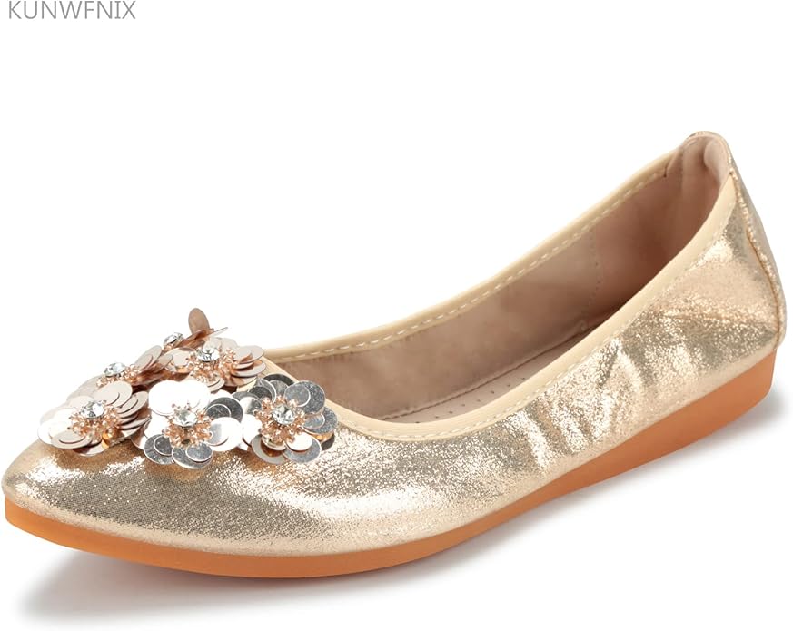 KUNWFNIX Women Ballet Flats Rhinestone Wedding Ballerina Shoes Foldable Sparkly Comfort Slip on Flat Shoes
