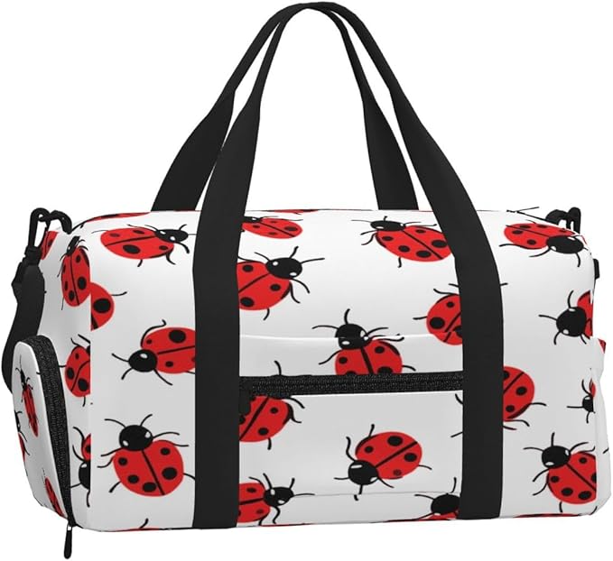 Sports Gym Bag Red Black Ladybugs Pattern Travel Duffel Bag With Shoe Compartment Shoulder Strap, Lightweight Water-Resistant Weekend Overnight Totes For Women Men