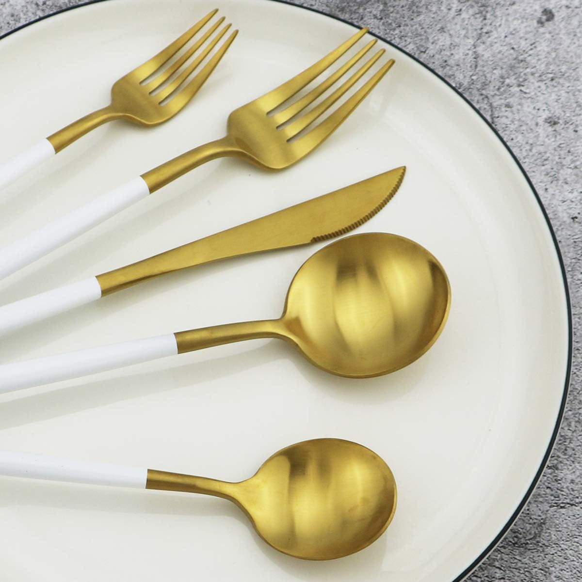 White Handle Matte Gold Silverware Set,Gugrida 5-Piece 18/10 Stainless Steel Satin Finish Flatware Set,Kitchen Utensil Set,Tableware Travel Cutlery Set for Camping Office Lunch, Dishwasher Safe