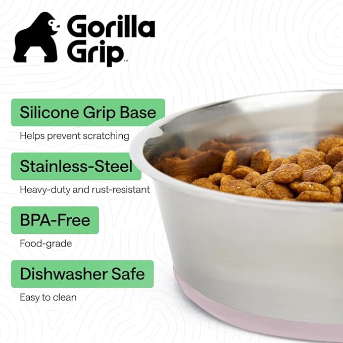 GORILLA GRIP Dog Bowls, Heavy Duty 304 Stainless Steel, Holds 8 Cups Each (64 fl oz) Food and Water Bowl for Feeding Dogs and Cats, Dishwasher Safe, Rust Resistant, BPA Free Rubber Base Set of 2 Pink