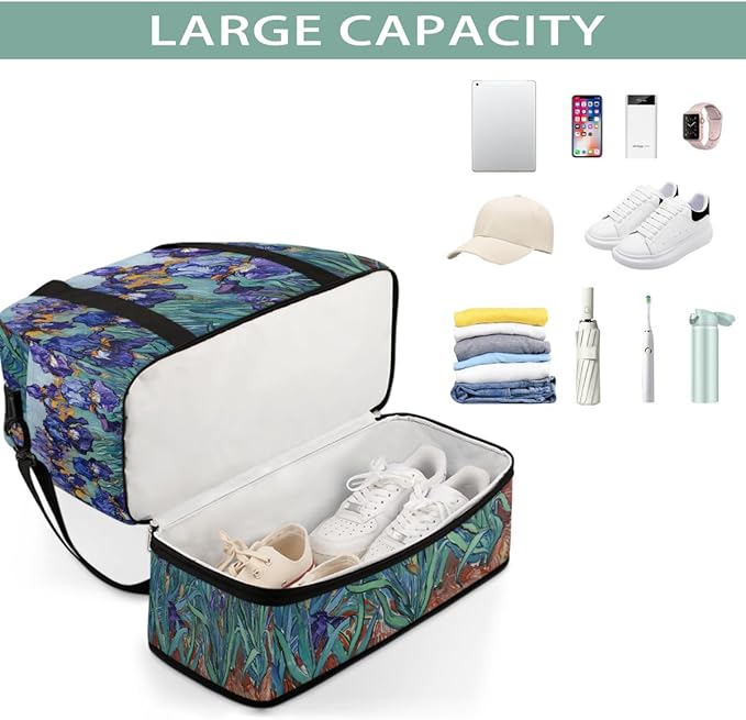 Purple Flowers Green Leaves Large Weekender Bag with Shoe Compartment Travel Duffel Bags for Women Carry On Hospital Overnight Bag Foldable Personal Item Travel Bags Tote Gym Sports Airplanes