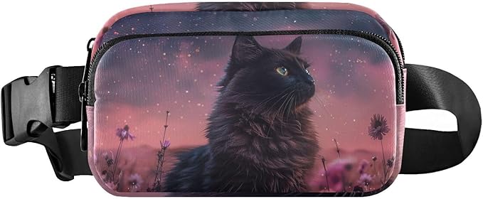 Black Cat Flower Fanny Pack for Women Men Water Resistant Fashion Waist Packs with Adjustable Strap Belt Bag for Travel Workout Jogging Hiking 21220533