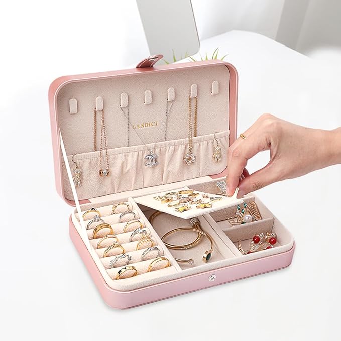 LANDICI Small Jewelry Box for Women Girls, PU Leather Travel Jewelry Case, Portable Jewelry Organizer Storage Holder Display for Ring Earrings Necklace Bracelet Women Kids Gift, Rose Gold (Pack of 2)