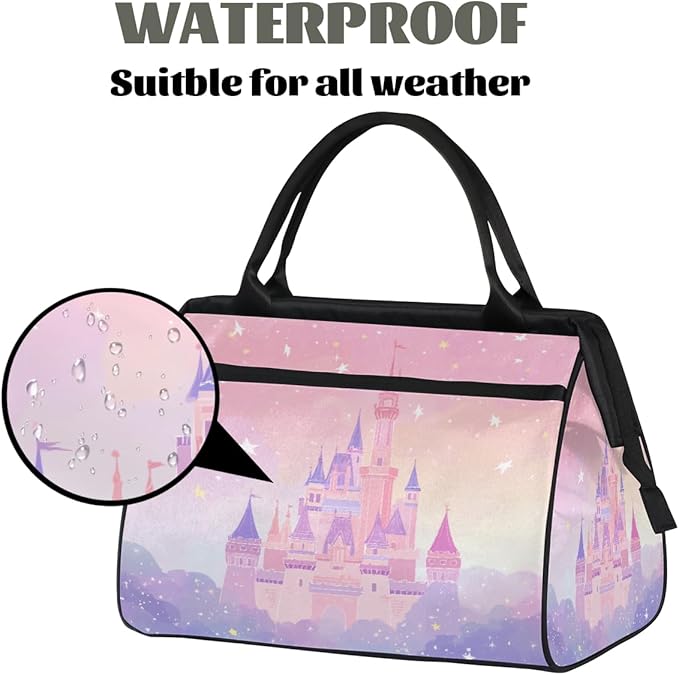 Cute Pink Purple Castle Travel Duffel Bag, Waterproof Sports Gym Duffle Bag, Large Capacity Weekender Carry On Overnight Bags for Women Men