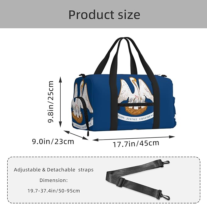 Louisiana State Flag Print Gym Bag with Shoe Compartment for Women Men, 17.7in Sports Duffle Weekender Tote, Overnight Travel Duffel Bag Carry On