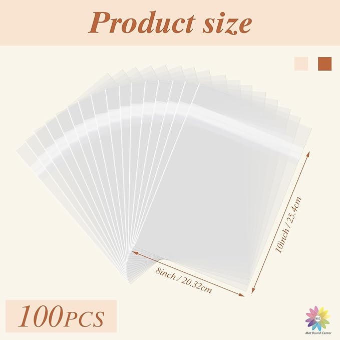 Mat Board Center 100 Pcs 8x10 Inches Clear Resealable Plastic Sleeves, Self Sealing Polypropylene Bags for 8x10 Prints, Photos, Artworks
