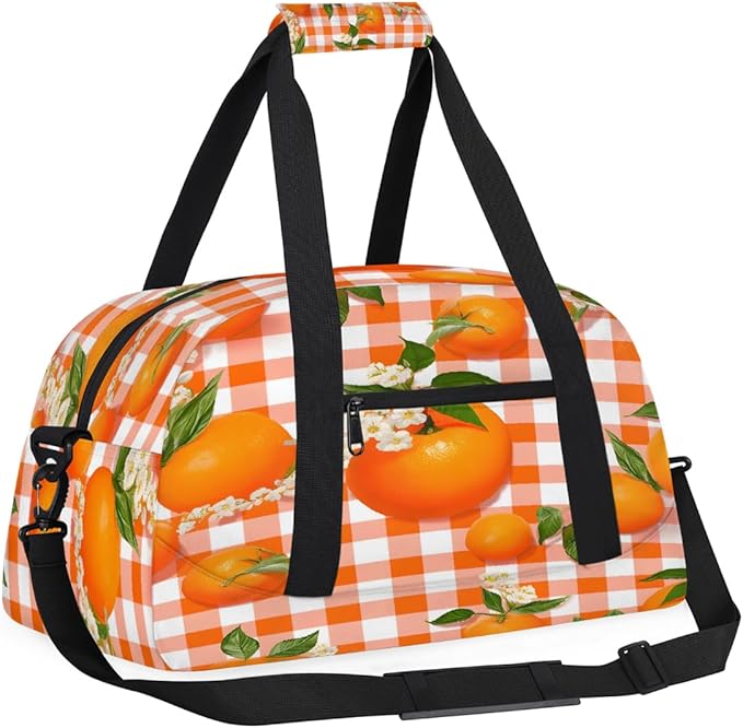 Gym Bag for Women Men, Orange Plaid Orange Flower Travel Duffle Bags for Dance Ballet Overnight, Carry-On Weekender Bag with Detachable Shoulder Strap