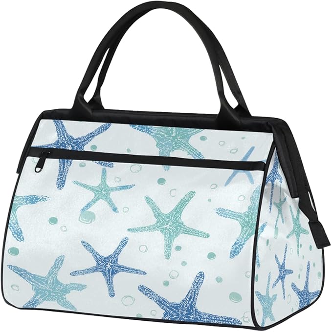 Gym Bag for Women Men, Teal Blue Starfish Pattern Sports Duffel Bags, Waterproof Travel Weekender Overnight Carry On Tote Bags for Travel Sports