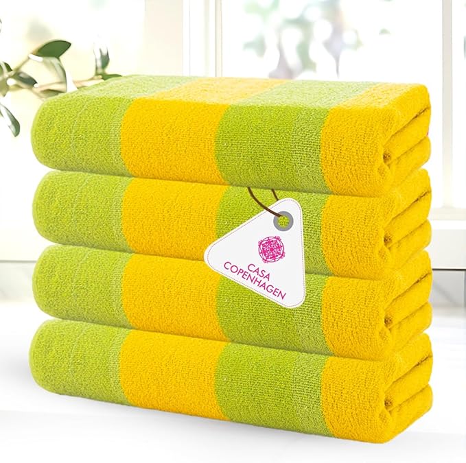CASA COPENHAGEN Malibu Towel 4Pcs Lime Green Designer Stripe Beach Towels Gift Set, 30"x60" Oversized 100% Cotton Pool Bath Towel for Beach Gift Set (Perfect Summer Gift Set for Women & Men)