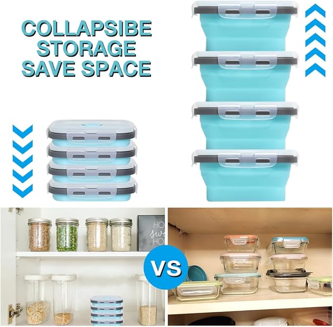 Collapsible Silicone Food Storage Container 4 Pack, Silicone Storage Containers for Snack, Fruit(Small, 12 Oz), Stackable, Space Saving, Portion Control(Blue)