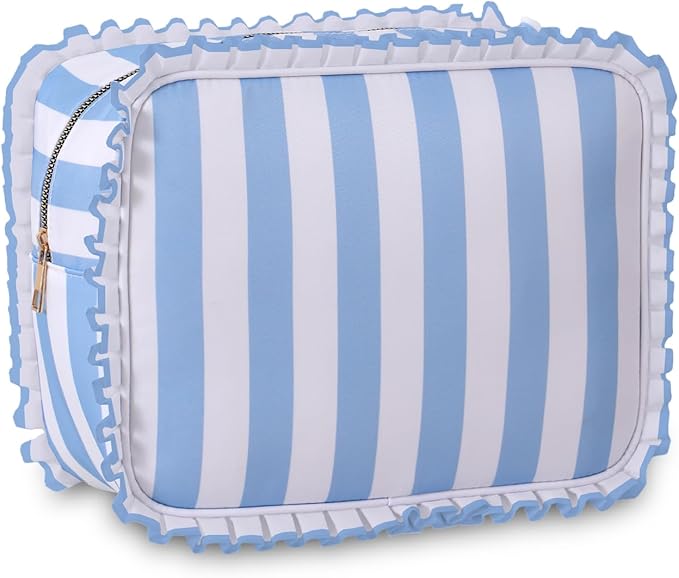 Stripe Ruffle Makeup Bag,Large Travel Cute Cosmetic Bag for Women Girls,Toiletry Bag Make up Organizer 10.8 x 4.5 x 8 inch (Blue Stripe)