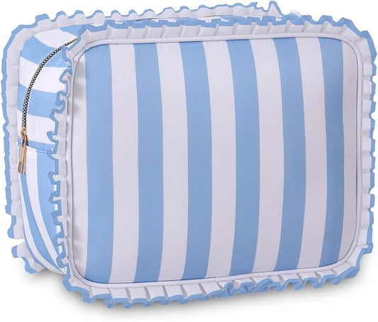 Stripe Ruffle Makeup Bag,Large Travel Cute Cosmetic Bag for Women Girls,Toiletry Bag Make up Organizer 10.8 x 4.5 x 8 inch (Blue Stripe)