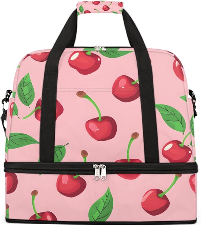 Pink Fruit Cherry Large Weekender Bag with Shoe Compartment Travel Duffel Bags for Women Carry On Hospital Overnight Bag Foldable Personal Item Travel Bags Tote Gym Sports Airplanes