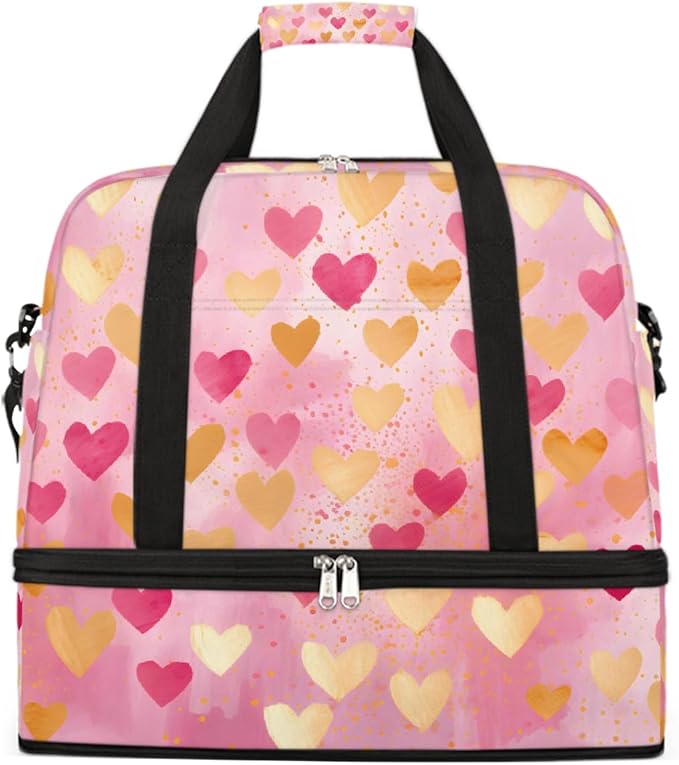 Pink Gold Heart Large Weekender Bag with Shoe Compartment Travel Duffel Bags for Women Carry On Hospital Overnight Bag Foldable Personal Item Travel Bags Tote Gym Sports Airplanes