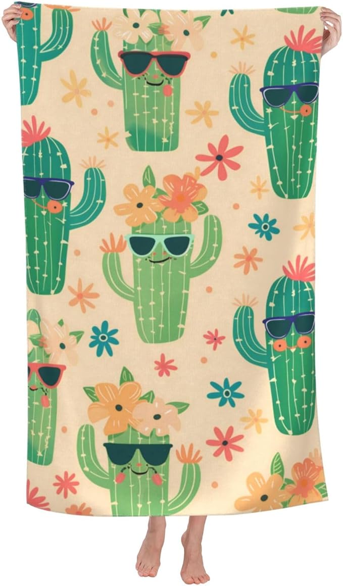Cactus Fun Beach Towel 31inx51in, Desert Sand-Free Microfiber Bath Towel Ultra Soft Quick Dry Pool Towel Absorbent Towel Lightweight Towel for Swimming Bathroom Decor
