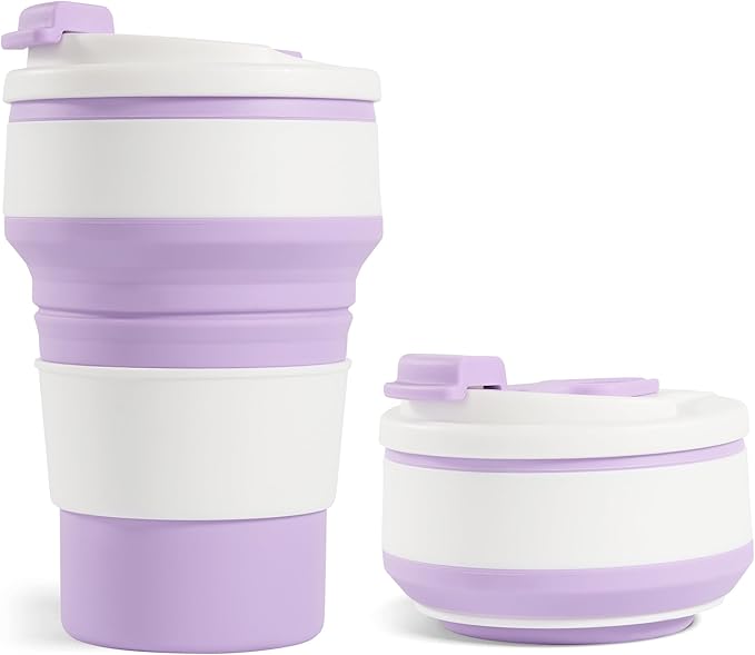 12oz Collapsible Cup for Traveling, Collapsible Silicone Travel Cup for Hot and Cold Drinks, Leak Proof Silicone Folding Travel Coffee Mug for Camping & Hiking, BPA Free Purple