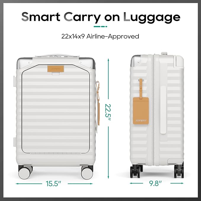 Joyway 20 Inch Carry on Luggage with Front Pocket, PC Hardshell Carry-on Suitcase with USB Port and Cup Holder, 21.5x14.2x9 Airline Approved, Luggage with Spinner Wheels and TSA Lock (White)