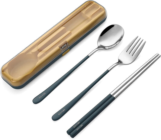 DEVICO Portable Utensils, Travel Reusable Silverware Flatware Set for Lunch, 18/8 Stainless Steel 4-Piece Camping Cutlery Include Fork Spoon Chopsticks with Case (Blue)