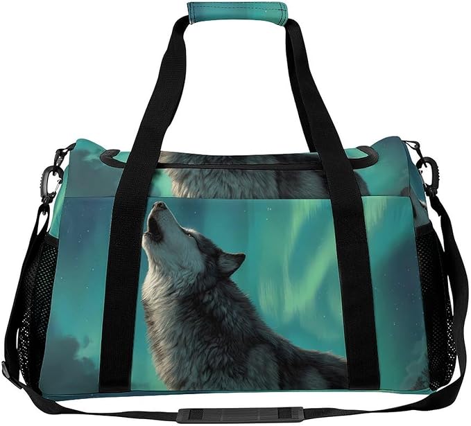 Wolf Howling Moon Northern Lights Duffle Bag Gym Bag for Workout Travel Tote with Detachable Straps