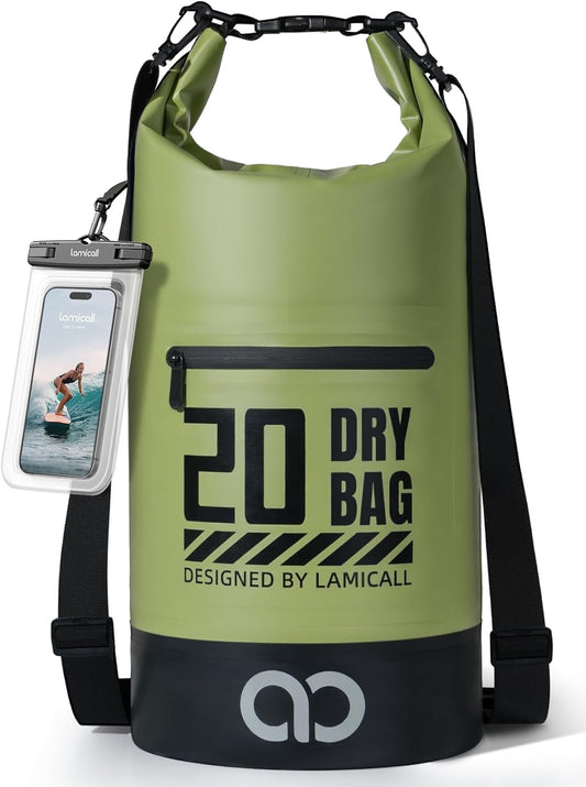 Lamicall Dry Bag Waterproof Backpack - [Zippered Pocket] 5L/10L/20L/30L/40L Roll Top Waterproof Bag with Water Proof Phone Pouch, Floatable Drybag for Swimming, Boating, Kayaking, Camping, Beach
