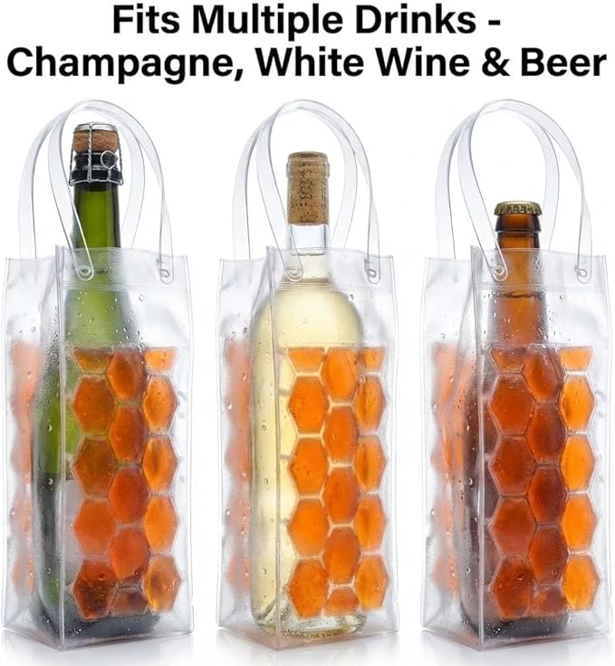 3-Pack Freezable Wine Cooler Bags with Built-in Gel Ice Packs - Portable Hexagon Wine Chiller Sleeve - Reusable Clear Folding Carrier Tote for Champagne, Beer, Picnic & Travel (orange）