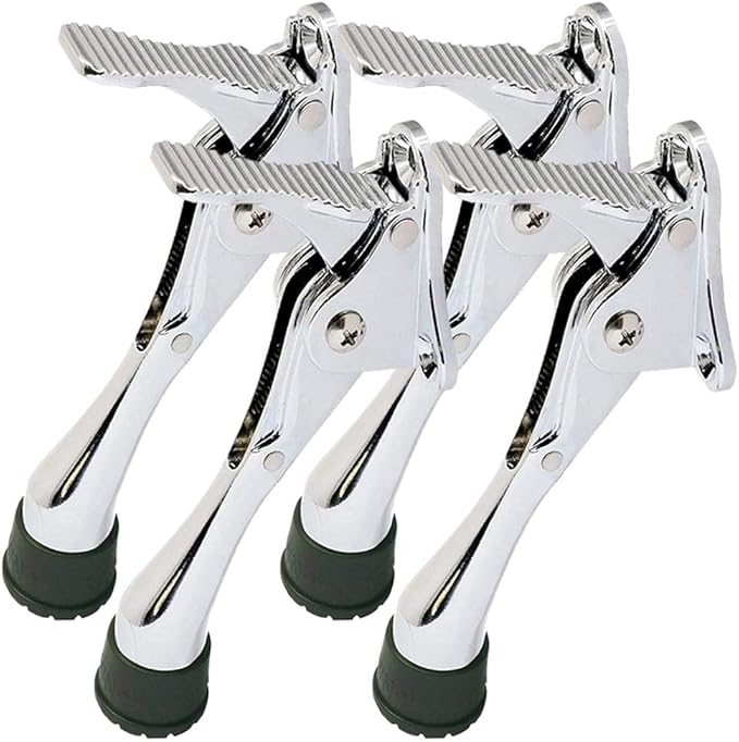 One Touch Kickdown Door Stopper, Door Holder, Heavy Duty Door Stops, Bottom of Door, Height-Adjustable Rubber Tips by HASHI (Chrome, 4 inch x 4pack)