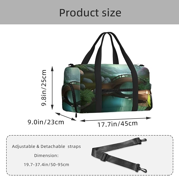 Little Bridge in the East Print Gym Bag with Shoe Compartment for Women Men, 17.7in Sports Duffle Weekender Tote, Overnight Travel Duffel Bag Carry On