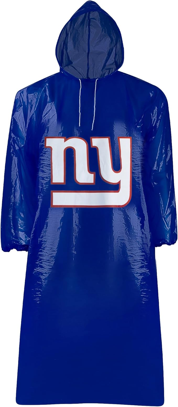 NFL New York Giants Waterproof Rain Poncho for Adults, Sporty Rain Poncho for Men and Women, with Elastic Sleeves and Drawstring Hood, Rain Coat for Rainy Weather. Ftbl Rain Jacket