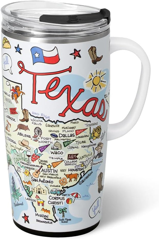 Swig Life 22oz Travel Mug, Insulated Tumbler with Handle and Lid, Travel Coffee Mug, Cup Holder Friendly, Stainless Steel 22 oz Tumbler, Reusable Insulated with Lid (Texas)