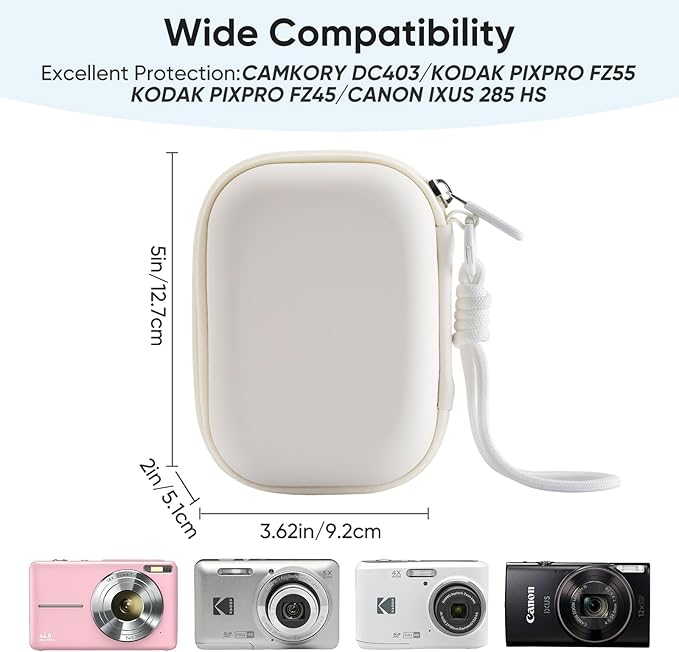 Camera Case for Digital Camera CAMKORY DC403 FHD 1080P/ KODAK PIXPRO FZ55/ FZ45, Small Travel Compact Camera Holder with Mesh Pocket for Accessories SD Card (White)