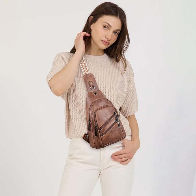 7L Crossboydy Sling Bag for Women Vegan Leather Crossbody Purse Fanny Pack Chest Bag for Travel, Brown