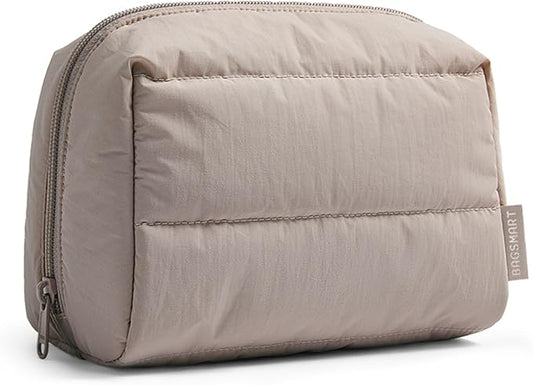 BAGSMART Puffy Makeup Bag, Wide Opening Cosmetic Bag Compact & Spacious, Water-Resistant Travel Organizer Pouches for Women (Camel)