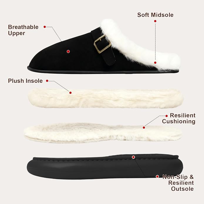 Close Toe Slip On Cotton Slippers with Breathable Faux Fur Memory Foam House Slippers for Women Warm Fuzzy Indoor Slippers with Non-Slip Rubber Sole