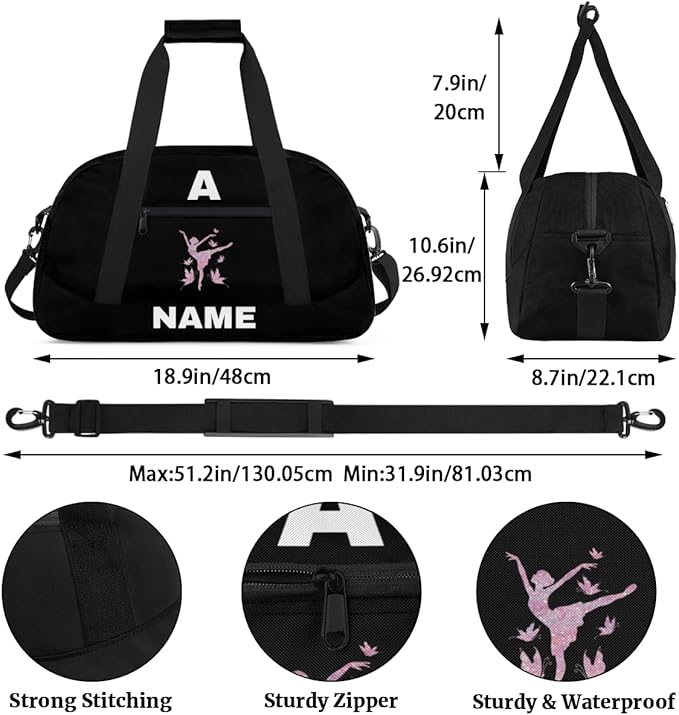 Personalize-Kids-Sports-Duffel-Bags With Custom Name Text Carry-On Overnight Travel Gym Lightweight Dance Pattern Sports Bags For Girls Boys Kids,Black