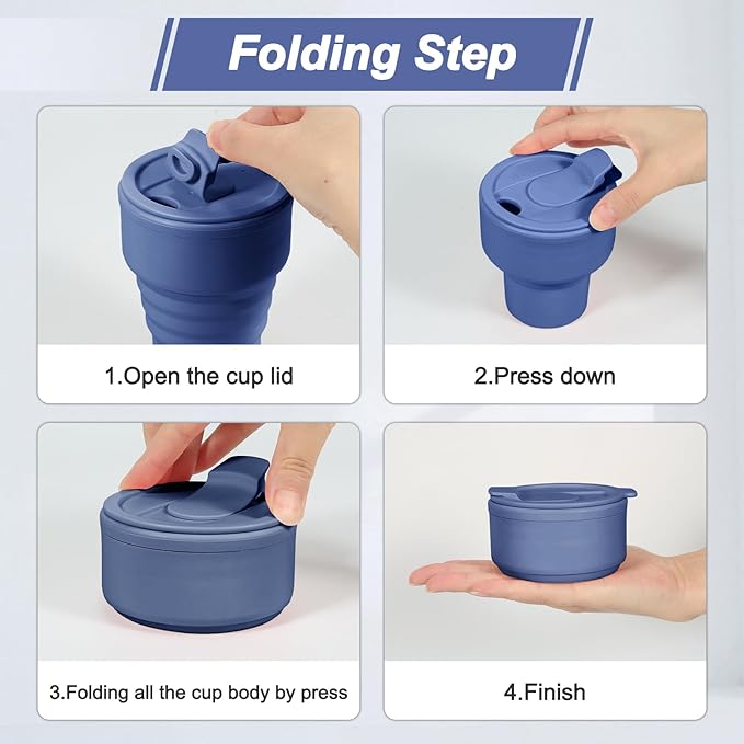 Collapsible Silicone Camping Cups 13oz - Leakproof Travel Mug with Lid, Portable Foldable Bottle for Camping Hiking Office (BPA Free, Dishwasher Safe) - Blue