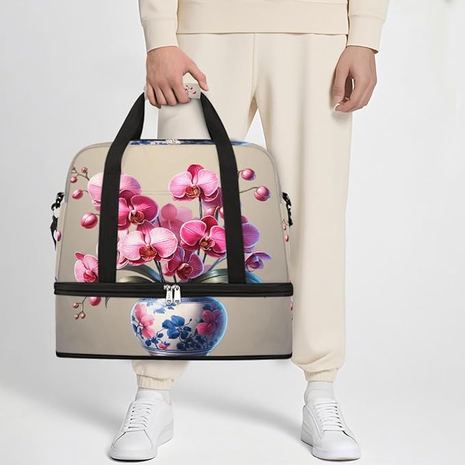 Pink Flowers Large Weekender Bag with Shoe Compartment Travel Duffel Bags for Women Carry On Hospital Overnight Bag Foldable Personal Item Travel Bags Tote Gym Sports Airplanes
