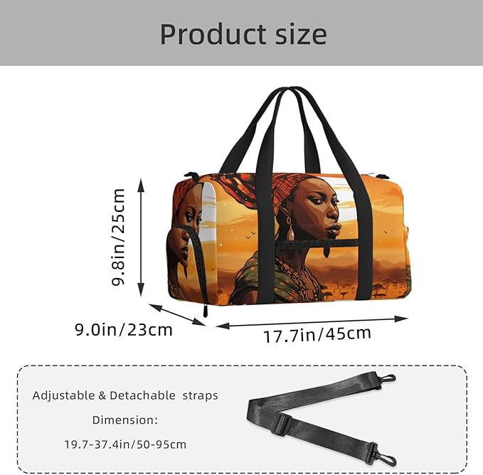 Sports Gym Bag Ethnic African Woman Pattern Travel Duffel Bag With Shoe Compartment Shoulder Strap, Lightweight Water-Resistant Weekend Overnight Totes For Women Men
