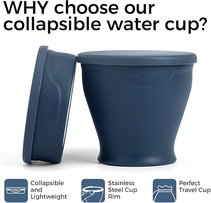 TakeToday 2PCS Collapsible Travel Cup 8 oz - Silicone Foldable Water Cup, BPA-Free with Lid & Waterproof Bag - Drinking Cup Set for Camping, Outdoors & International Travel（Navy & Blue）
