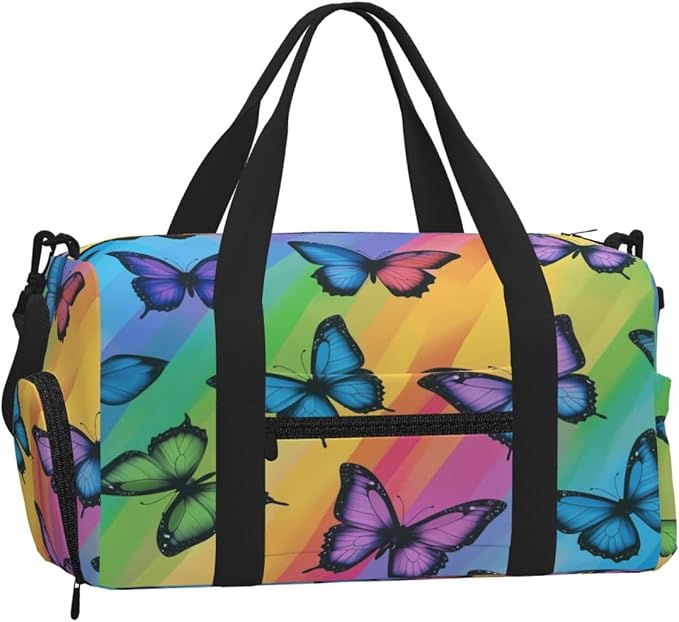 Sports Gym Bag Butterflies Rainbow Stripe Travel Duffel Bag With Shoe Compartment Shoulder Strap, Lightweight Water-Resistant Weekend Overnight Totes For Women Men
