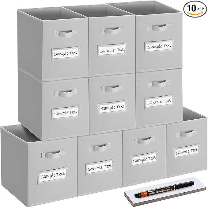 artsdi 11x11 storage cube bins (Set of 10) Foldable Fabric storage cubes with 10 Labels Window Cards & a Pen,11 inch cube storage bin,Closet Organizers for Shelves,Cubby Organizer Boxes,Light Grey