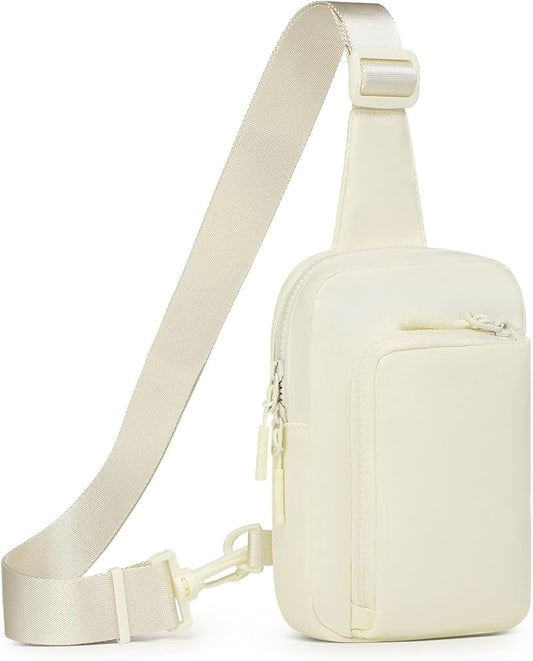 Mini Sling Bag for Men Women, Small Travel Fanny Packs Crossbody Anti Theft Reversible Nylon Chest Bag for Running Hiking (Beige)