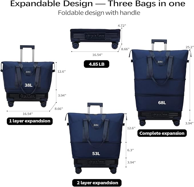 Rolling Duffle Bag with Wheels and Handle, Expandable Foldable Travel Bag - Wheeled Carry On Luggage, Collapsible Suitcase for Weekend Trips, Gym, Large Capacity & Waterproof (Blue)