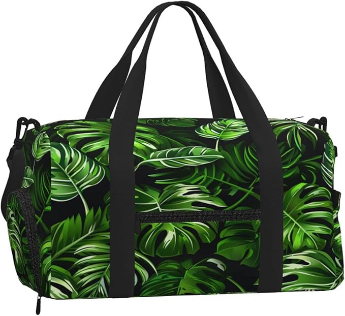 Sports Gym Bag Palm Tree Monstera Leaves Tropical Travel Duffel Bag With Shoe Compartment Shoulder Strap, Lightweight Water-Resistant Weekend Overnight Totes For Women Men