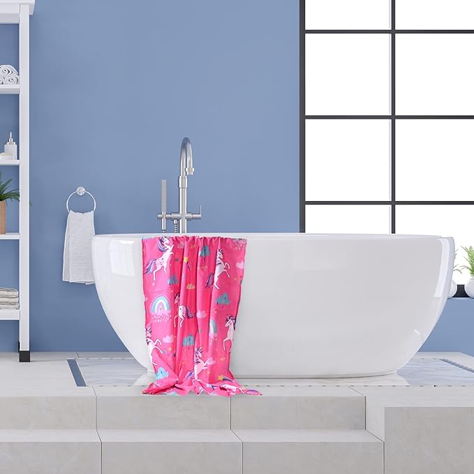 LIVILAN Pink Unicorn Rainbow Beach Towel, Perfect for Kids, Girls, Women, Soft Microfiber Bath, Pool, Swimming Towel, Thin, Quick Dry, Sand Free, Small 24"x 48", Cute Unicorn Gifts