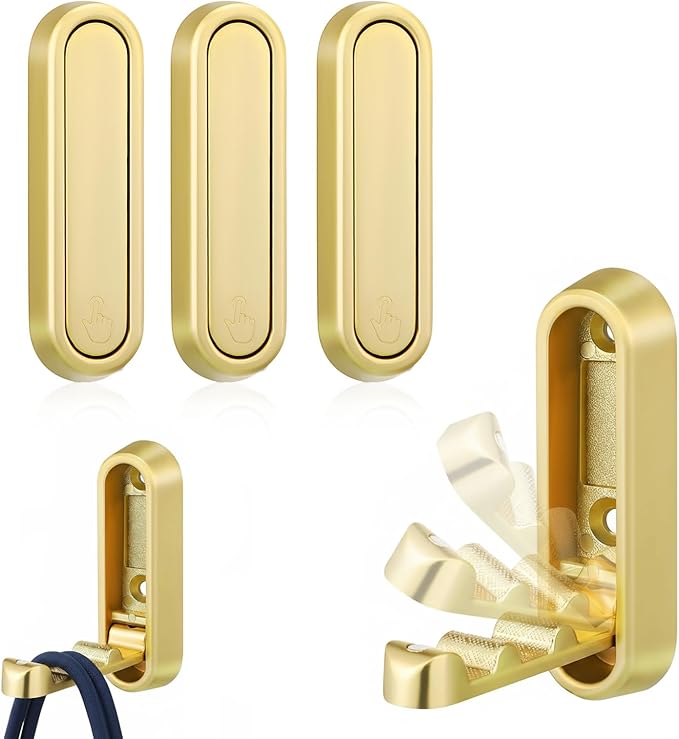 iplusmile 4 Pack Foldable Wall Hooks, Zinc Alloy Invisible Coat Hook for Hanging, Brushed Gold Retractable Towel Hanger, Space Saving Metal FoldingHooks for Backpack Purse Closet