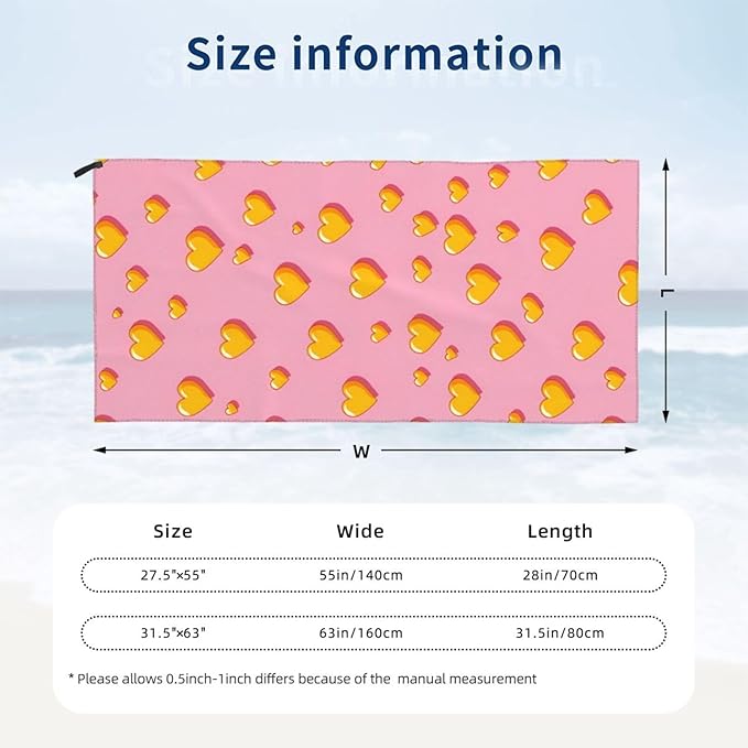 Yellow Hearts On Pink Sand Free Beach Towel – 31.5"X63" Quick Dry Microfiber Beach Towels For Travel, Swimming, Pool, And Camping, Absorbent And Compact Beach Essential For Women, And Men