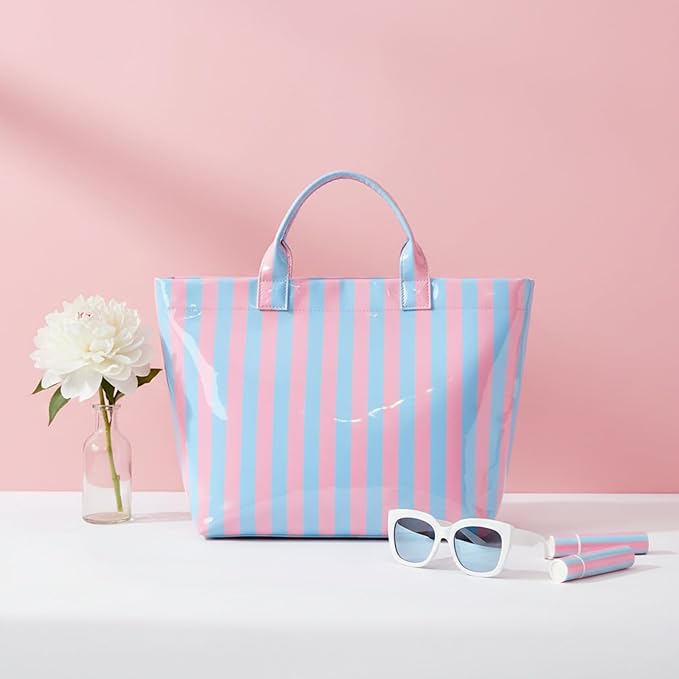 JQWYGB Striped PVC Tote Bag Large Glossy Striped Handbags Waterproof Top Handle Bag Plastic Tote Handbag Beach Travel Work