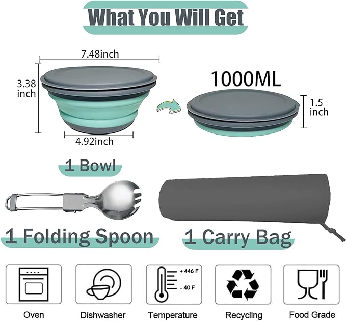 RMAMSCOV 1000ml Collapsible Camping Bowl with Lid,1 Pack Silicone Salad Bowl Serving, Microwave Foldable Soup Ramen Serving for Travel, Picnic, Rv(Blue)